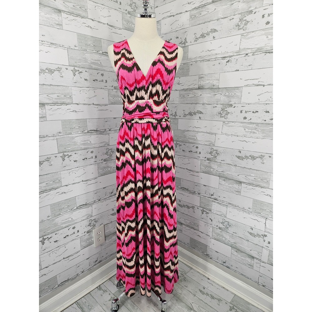 Boden Pink Brown Chevron Zigzag Maxi Dress V-Neck Jersey Sleeveless US 8R